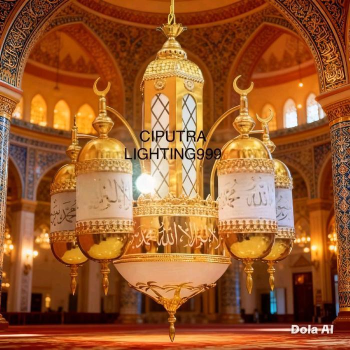 Lampu Gantung Hias Turki Masjid Mushollah Nabawi Lafadz 13 Lampu Mewah Besi Gold