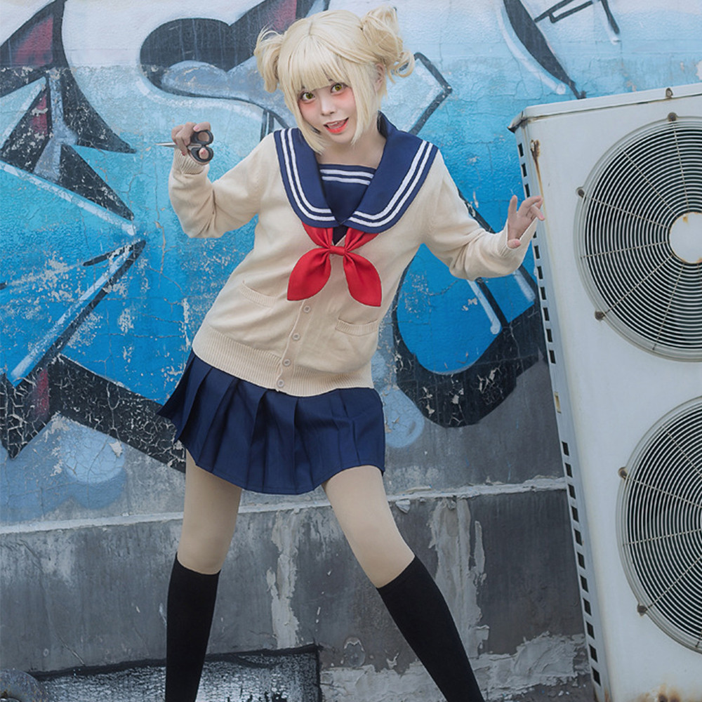 4Pcs Anime Academia Himiko Toga Cosplay Costume Jk Uniform Skirts Sweater Coat Wig High School Girls