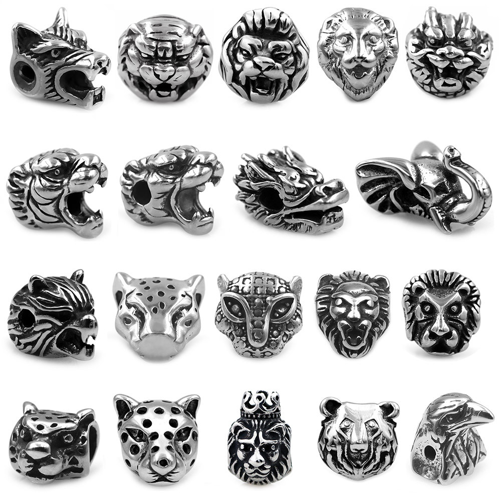 2pcs Stainless Steel 2-6mm Hole Animal Lion Wolf Tiger Head Spacer Bead Charms For Paracord Knife La