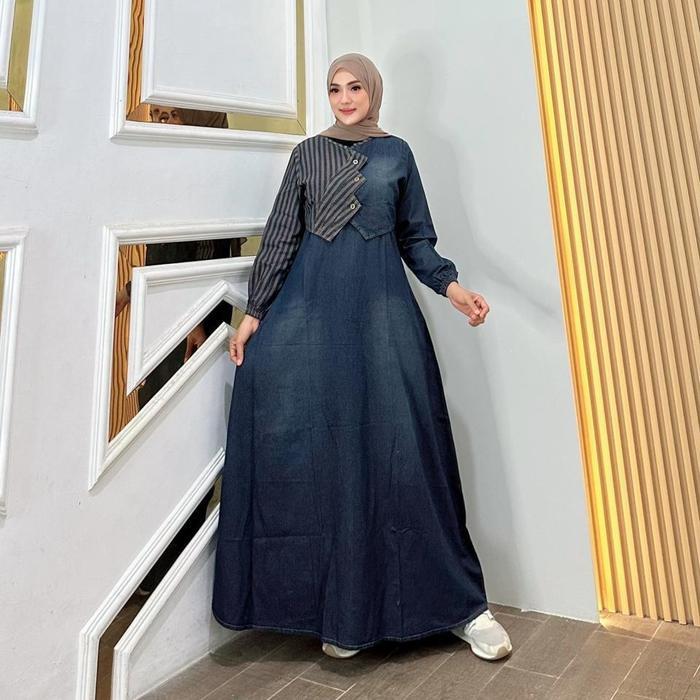 Prily Gamis Rompi Jeans Salur Fashion Muslim Wanita Kekinian