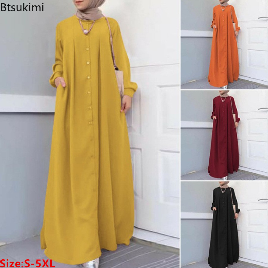 2026Spring Autumn Maxi Long Dress Women Muslim Long Sleeve Dress Loose Casual Dresses Vintage Hijab