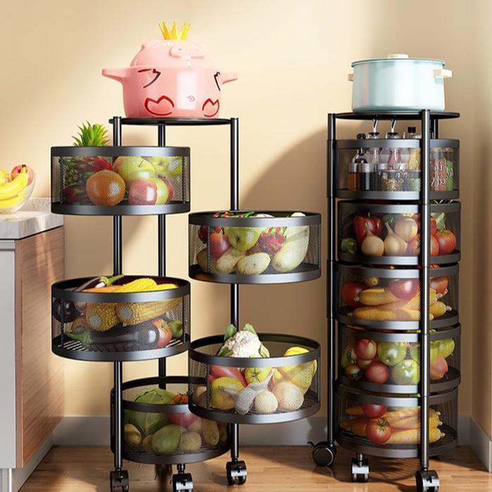 Rak Susun Besi Roda Rak Buah Sayuran susun Rak dapur minimalis Rak Troli Besi Keranjang Putar Anti