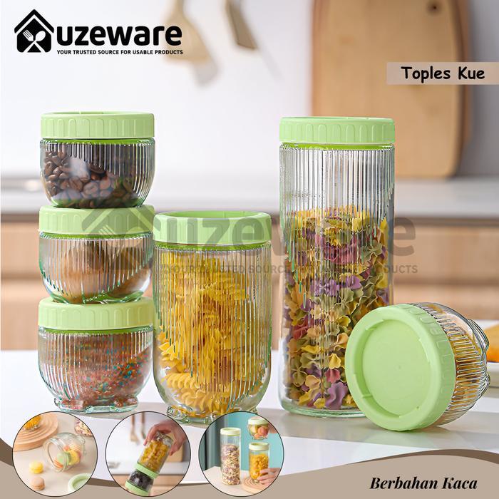 Uzeware Toples Kue Lebaran Kaca 1 Set 3in1 / Toples Kaca Gladies Hazel Bening Anti Tumpah 3 pcs /
