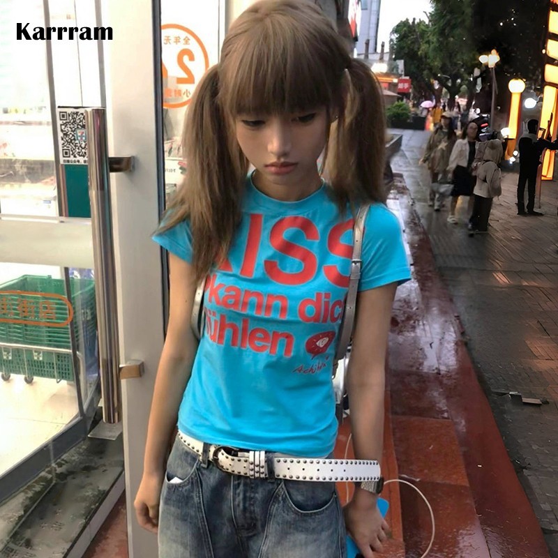 Karrram Japanese Y2K Print T-Shirt Trashy 2000S Style Crop Top Vintage Harajuku Sleeve Tee Shirt