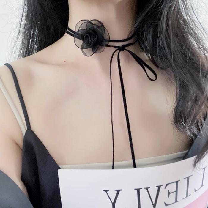 Kalung Choker Bunga HItam Mawar Fashion Korea Aksesoris Black
