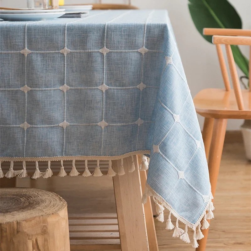 Japan Cotton Linen Tablecloth Blue Stripes Pure Plaid Embroidered Rectangular Christmas Table Cloth