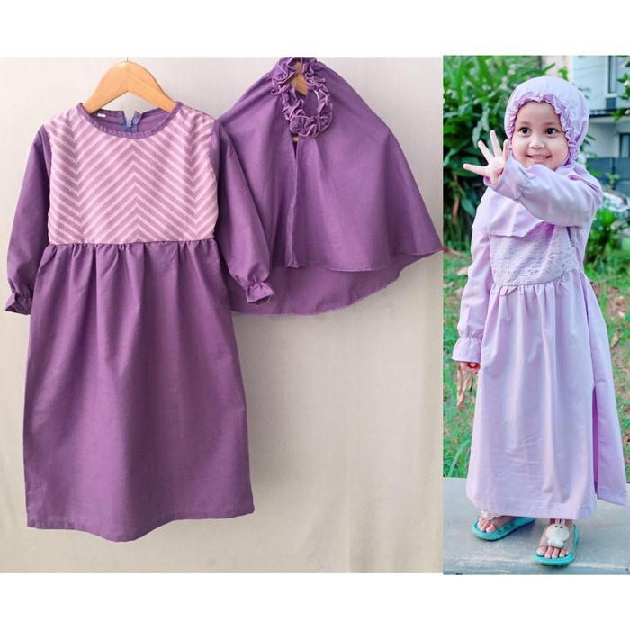 GAMIS KERUDUNG ANAK APLIKASI BRUKAT UNGU SIZE 1-6 TAHUN BAJU KATUN MUSLIM SYARI BAJU ANAK GAMIS