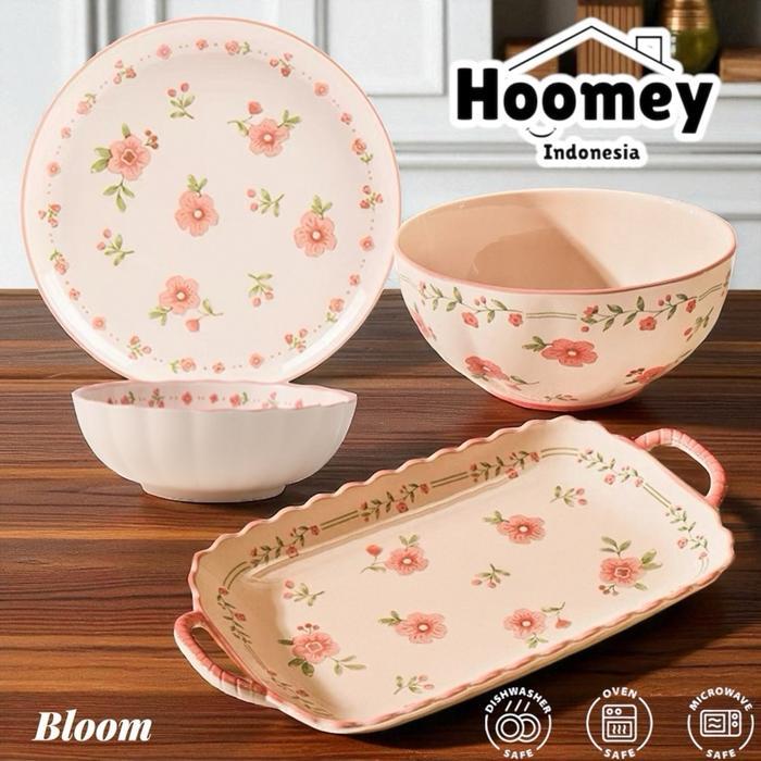 PIRING KERAMIK BLOOM PIRING MAKAN KERAMIK MEWAH MOTIF BUNGA WARNA PINK MERAH MUDA PIRING MANGKOK DAN