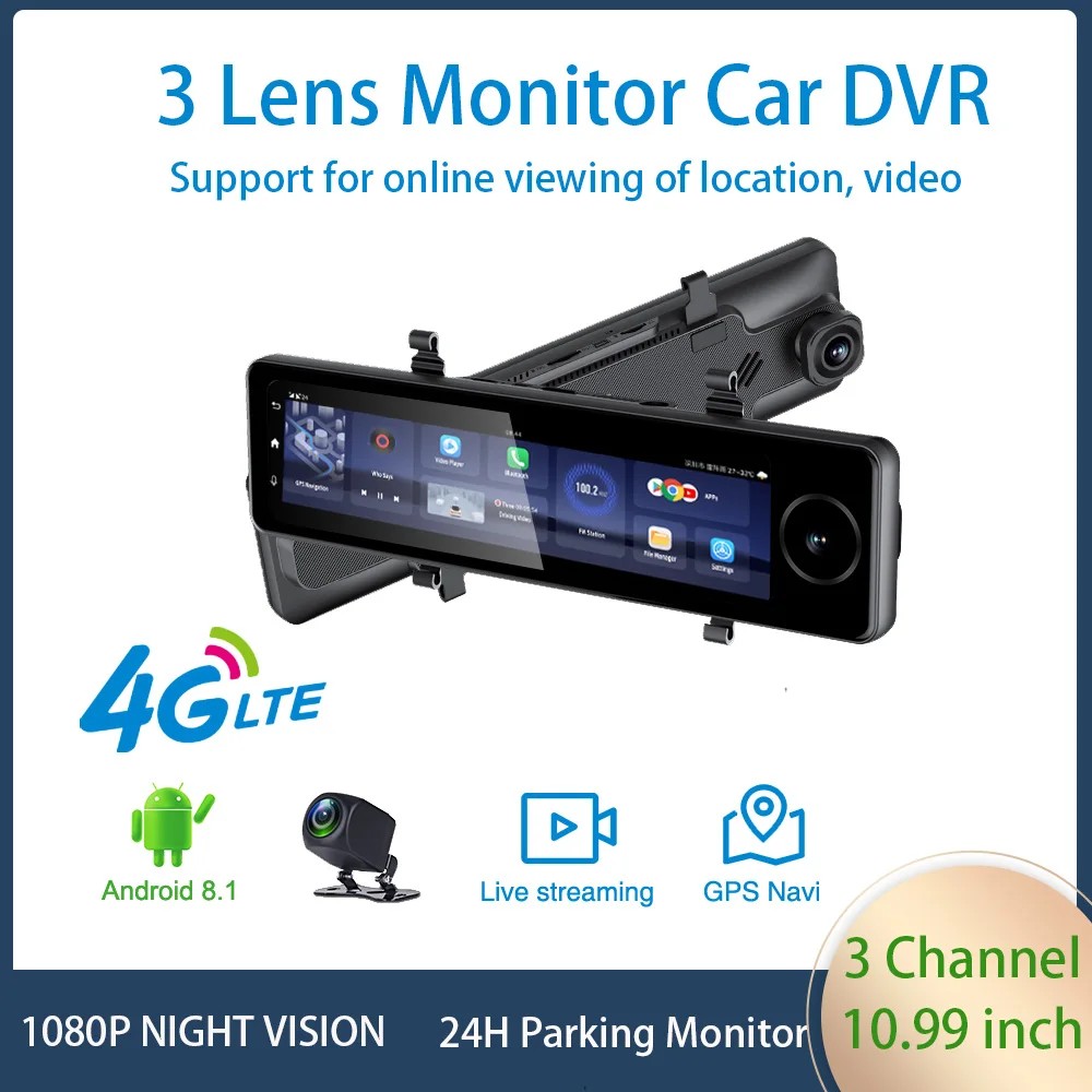 10.99" Car DVR 1080P 3 Camera Front/Cabin/Rear Cam 4G Android 2GB+32GB GPS Track Playback Wifi 24h P
