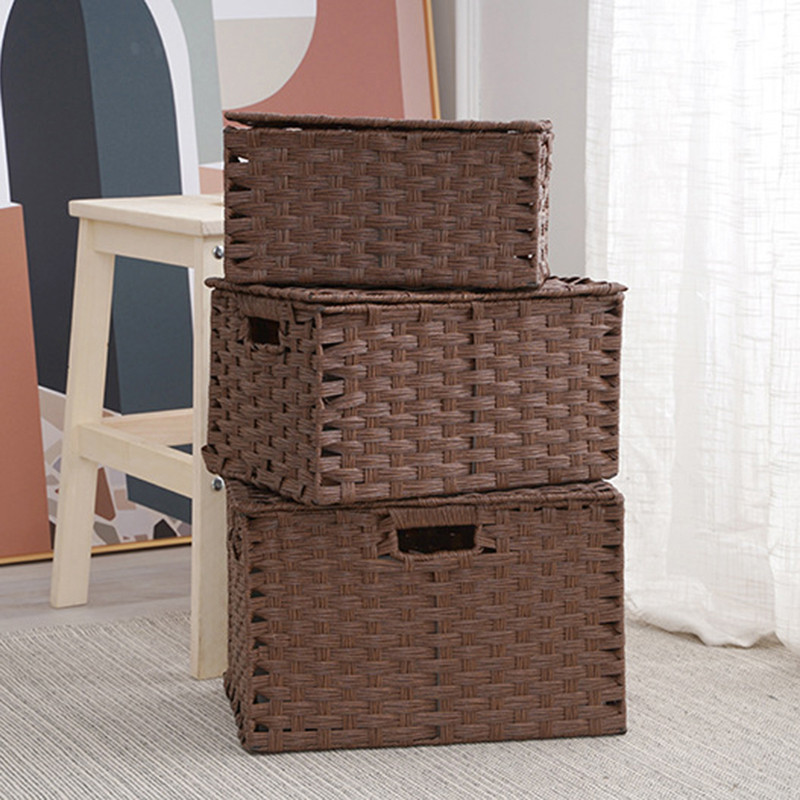 Household Storage Basket Imitation Rattan Woven Storage Box with Lid Clothes Sundries Rattan Basket