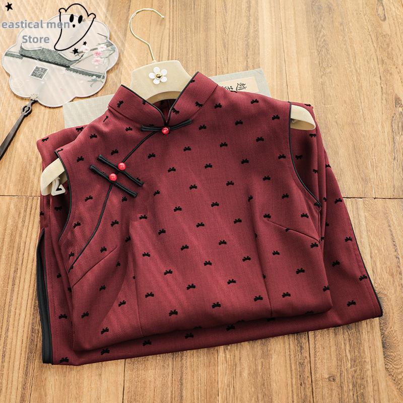 Burgundy Bow Print Qipao Chinese Bride Wedding Party Dress Sexy Sleeveless Vestidos Cheongsam Women