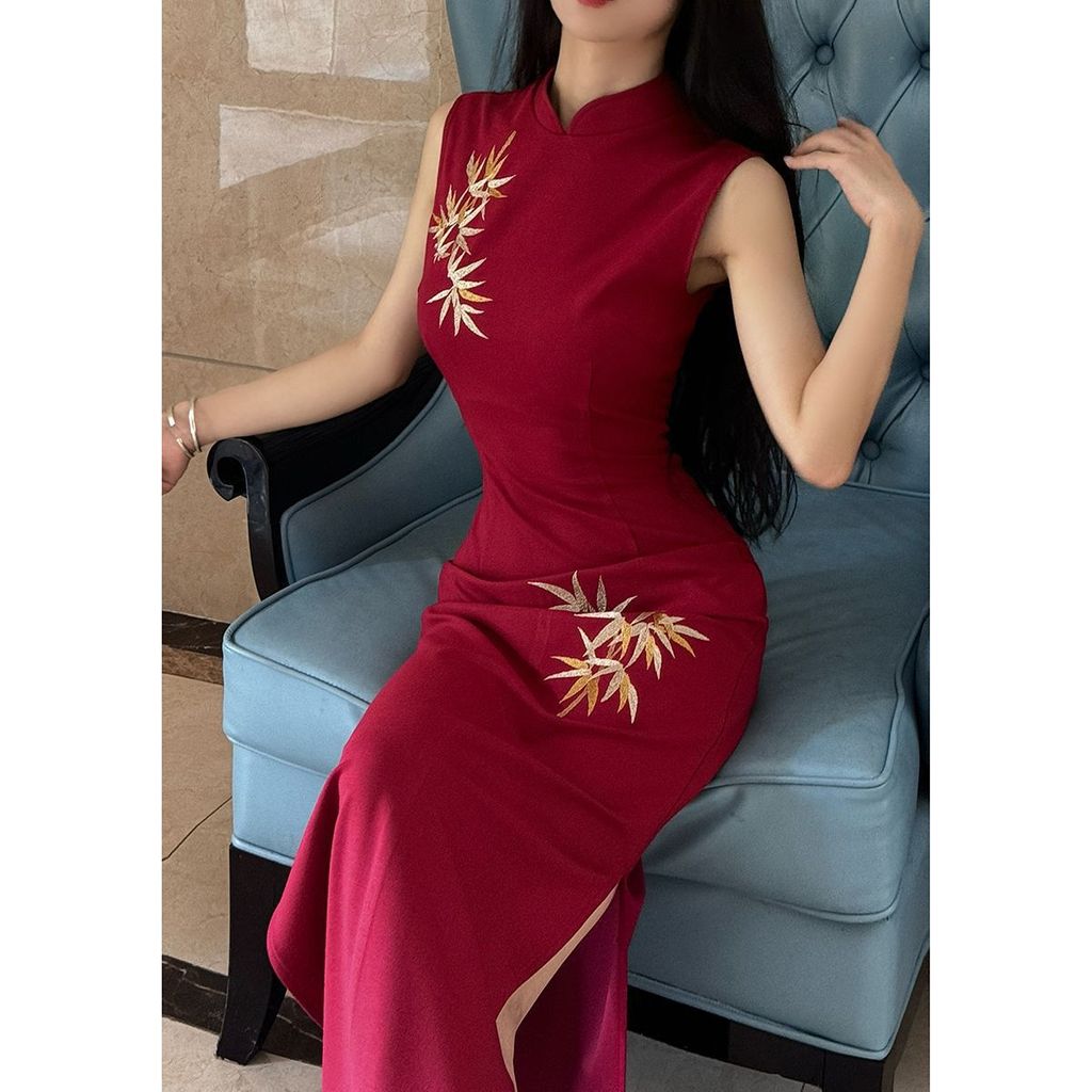 Women New Red Black Cheongsam Slim Improved Qipao Sleeveless Vintage Style Wedding Long Dresses