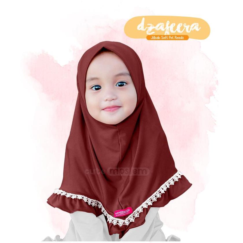 ASLI Dzafeera Jilbab Cutemoslem Dzafeera Jilbab Jersey Anak L Bahan Premium Soft Pet Renda Usia 7-9