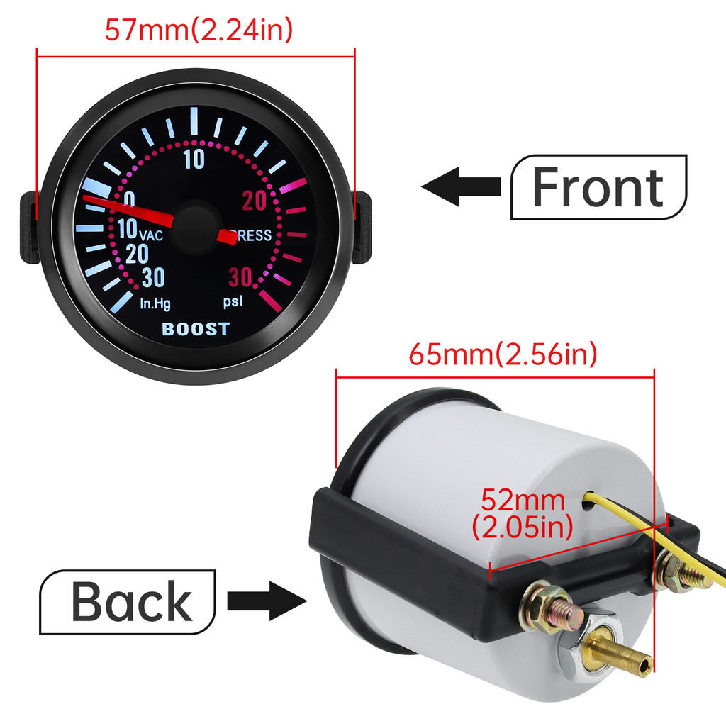 Smoke Lens 2" 52MM Turbo Boost Gauge PSI BAR Boost Meter -30~30PSI -1~2BAR Boost Meter Indicator for