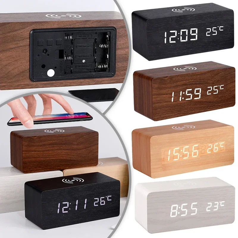 Modern Wooden Wood Digital LED Desk Alarm Clock Thermometer Wireless Charger With Qi Wireless