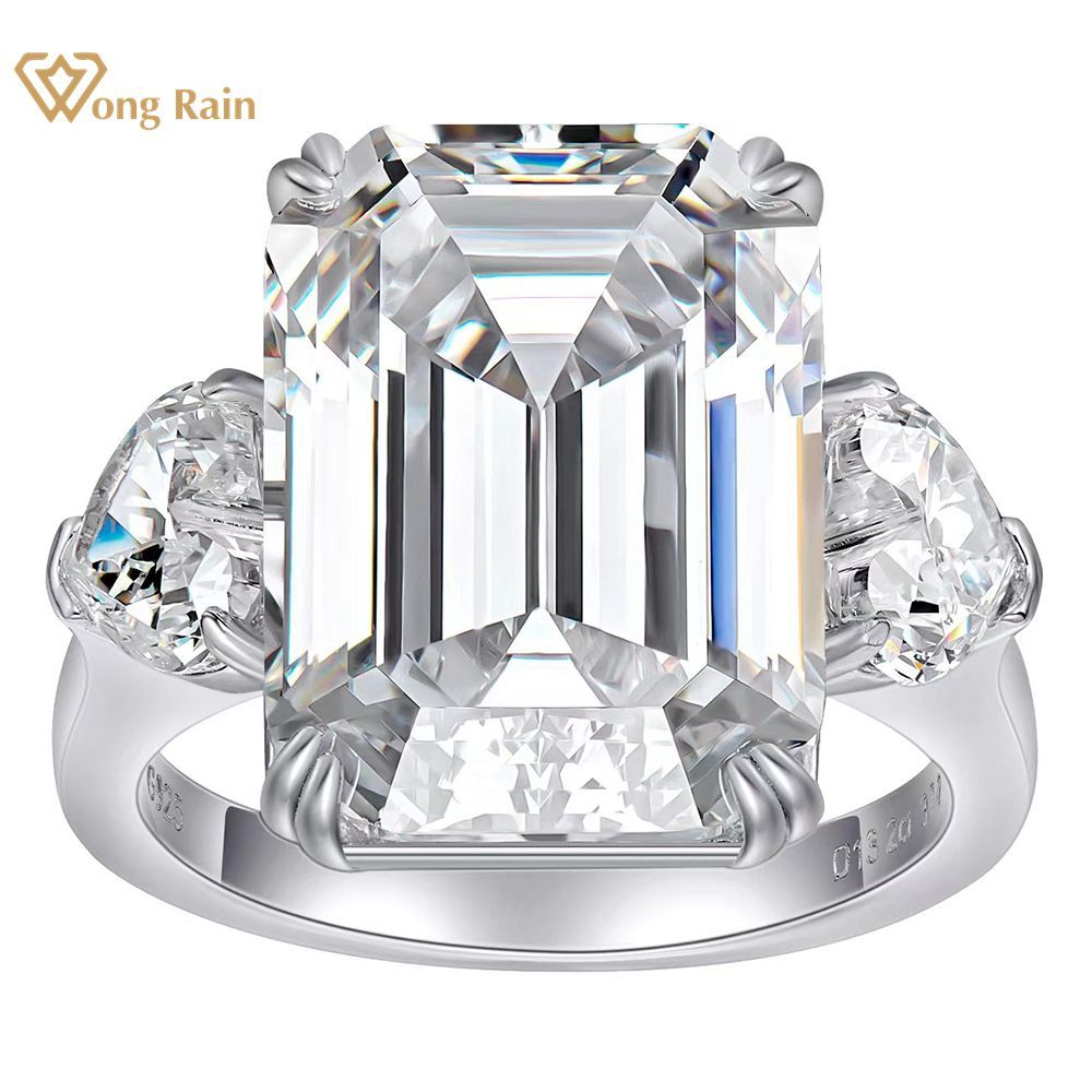 Wong Rain 100% 925 Sterling Silver 12CT Emerald Cut Simulated Moissanite Gemstone Wedding Ring