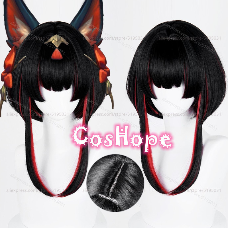 Lol Spirit Blossom Springs Ahri Cosplay Wig 40Cm Black Red Wig Heat Resistant Synthetic Wig For