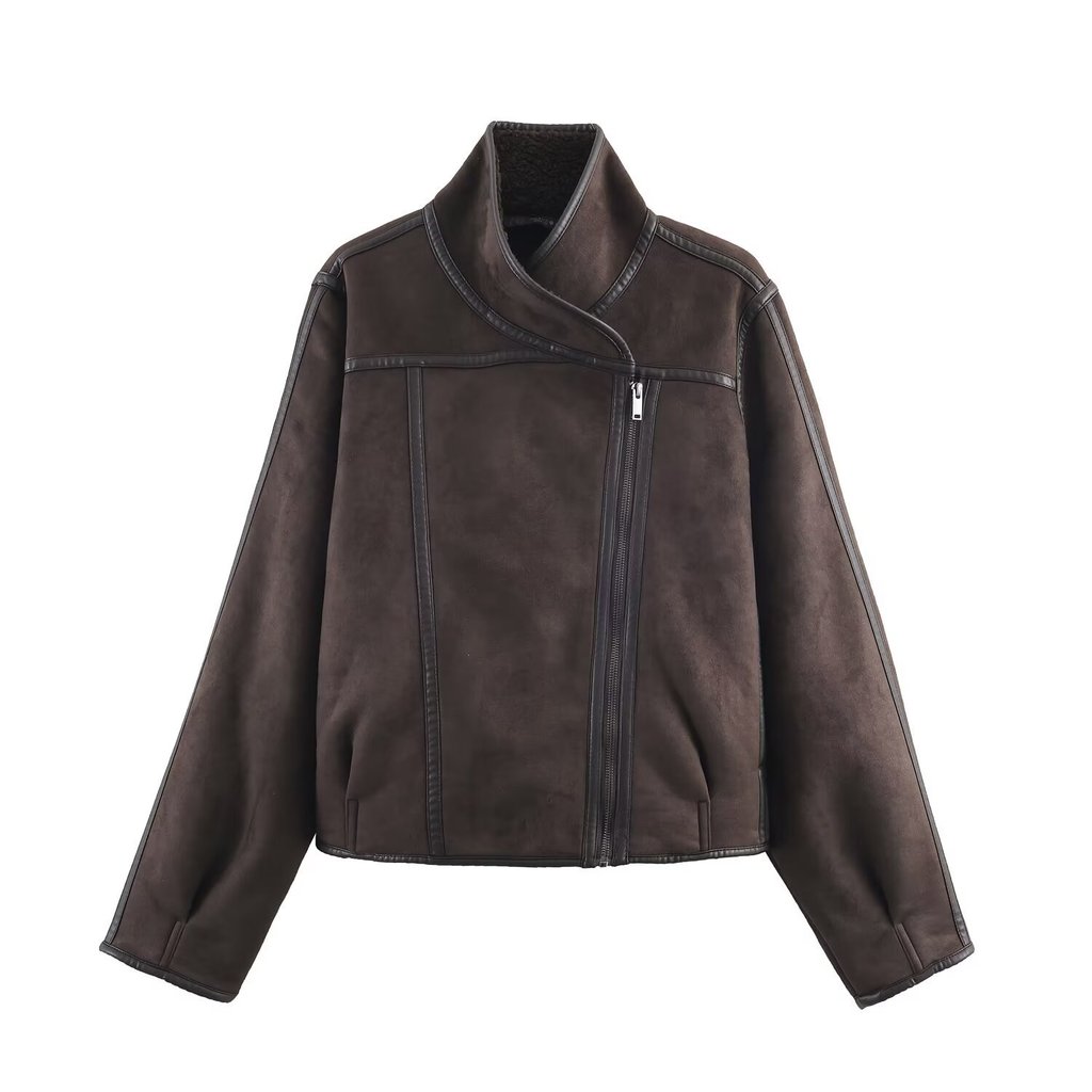 KIDCRKJ Women Spring Suede Jacket Vintage Coffee Stand Collar Zipper Fly Female Bomber Coat