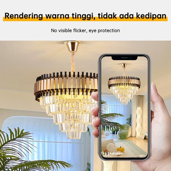 Lampu Gantung Ruang Tamu Mewah LED 3 Warna 50CM Emas/Hitam Lampu Gantung Kristal Hias plafon kristal