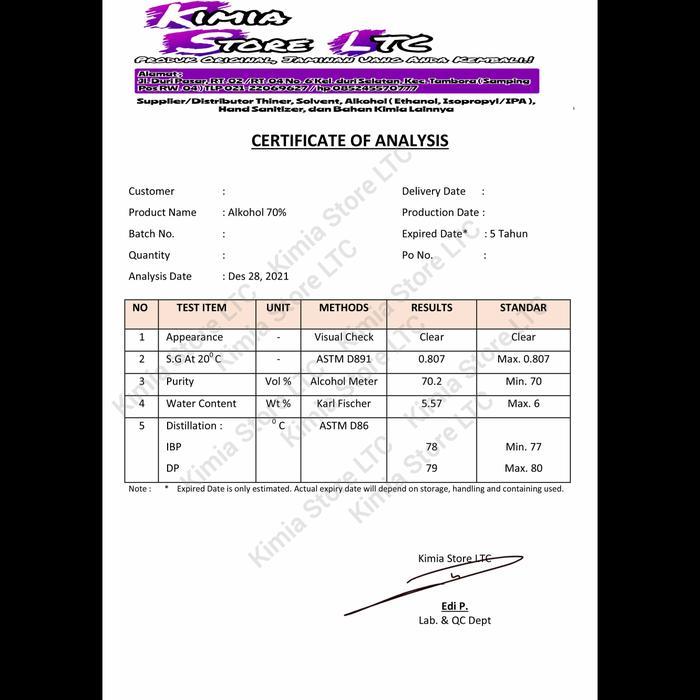 ALKOHOL 70% 20 LITER / ALKOHOL 96% 20 LITER ( ALKOHOL MURNI )