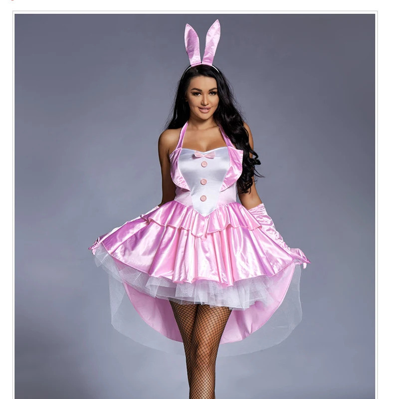 Carnival Halloween Lady Sexy Pink Bunny Girl Costume Lovely Tulle Tuxedo Rabbit Disfraz Cosplay