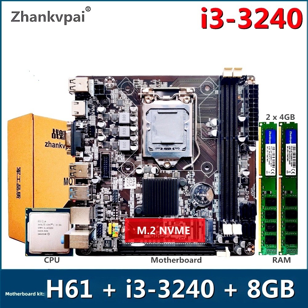 H61 Lga1155 Desktop Motherboard For Intel Set With Core Duo 3.4Ghz Cpu I3-3240 Ddr3 8Gb Memory