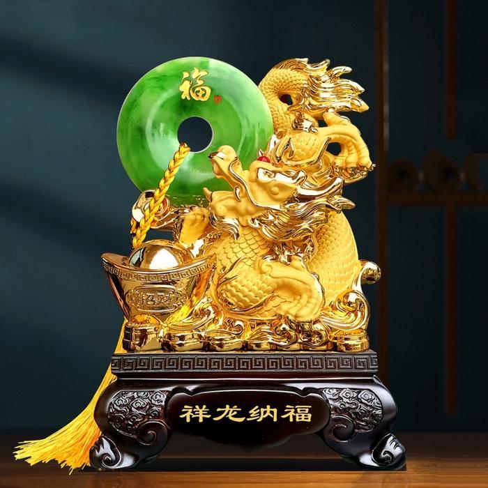 Patung Naga Emas Giok Hijau Imlek Naga Keramik Gift Set Hampers Parcel