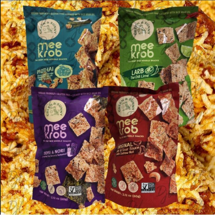 YUMMY Green & Sunny Mee Krob 60gr 1 Pouch Thai Crispy Rice Noodle Snack Original Larb Shoyu & Nori