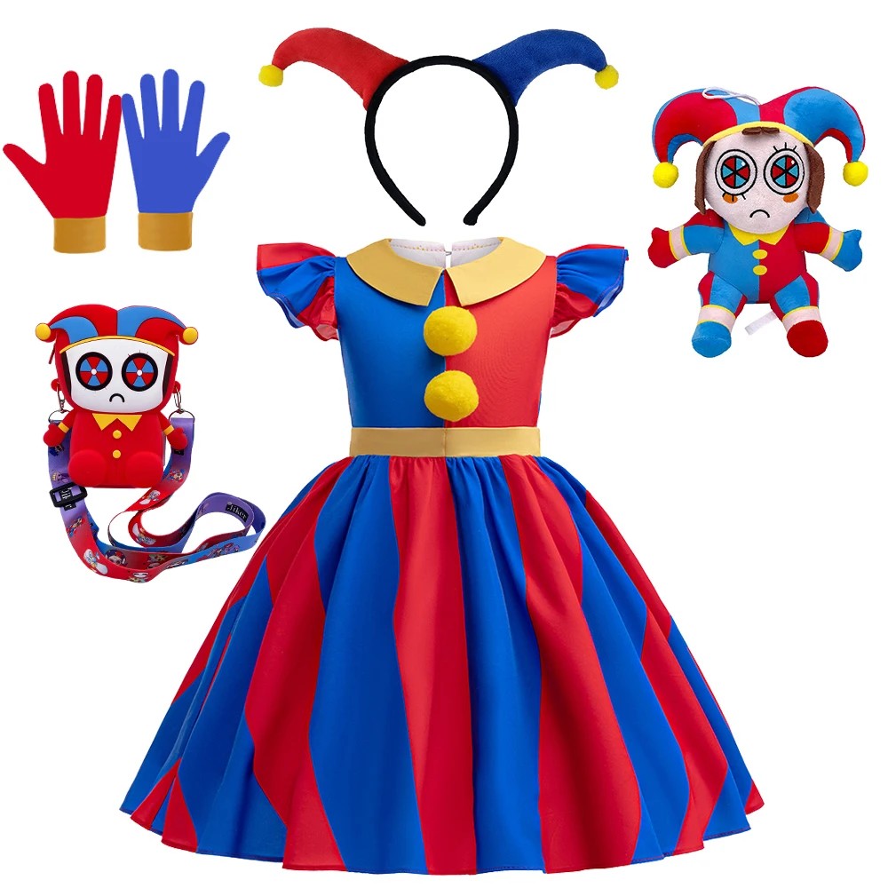 Halloween Amazing Digital Circus Pomni Cosplay Costume Carnival Fancy Red Blue Clown Dress Up