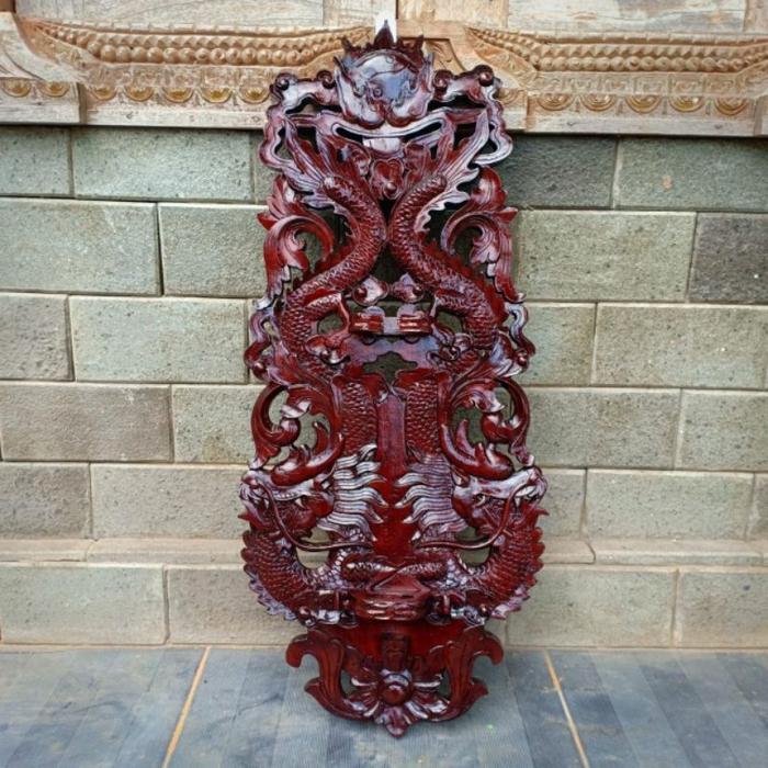 ASLI Blawong Pajangan Tempat Keris Ukiran Naga Liong kombinasi Lambang Yin Yang Kayu Jati Istimewa