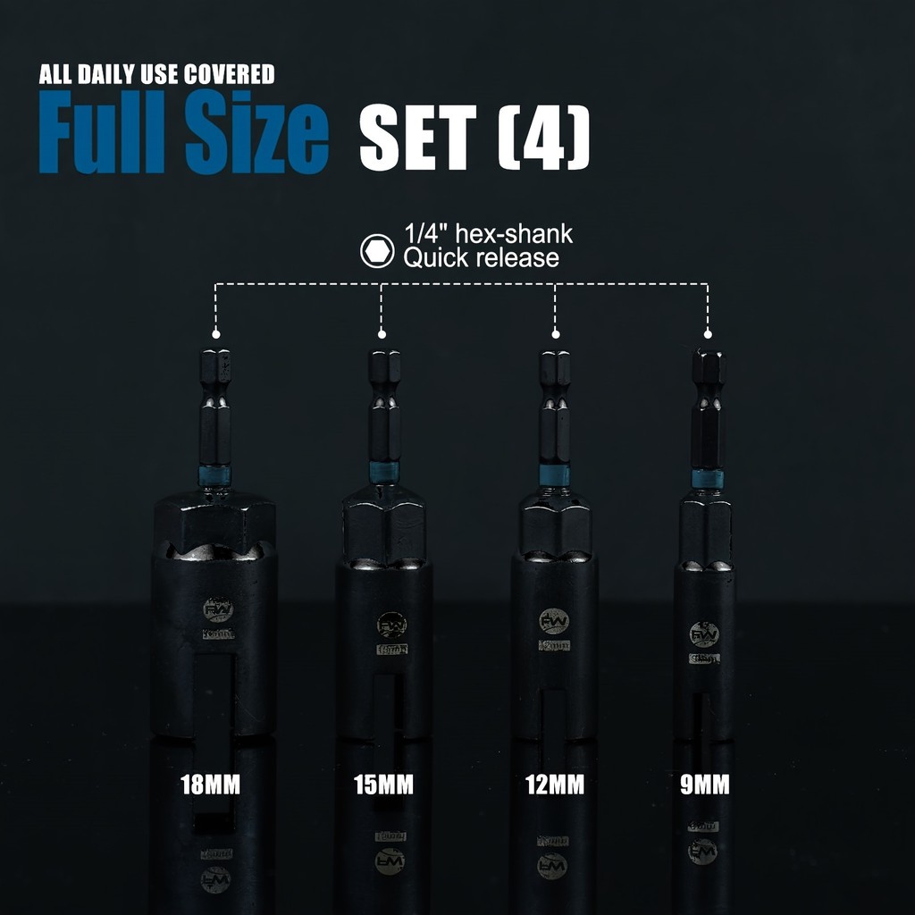 4Pcs Wing Nut Driver Drill Bit, 1/4" Hex Shank Wing Nut Driver Set 9mm 12mm 15mm 18mm for Hook Bolt