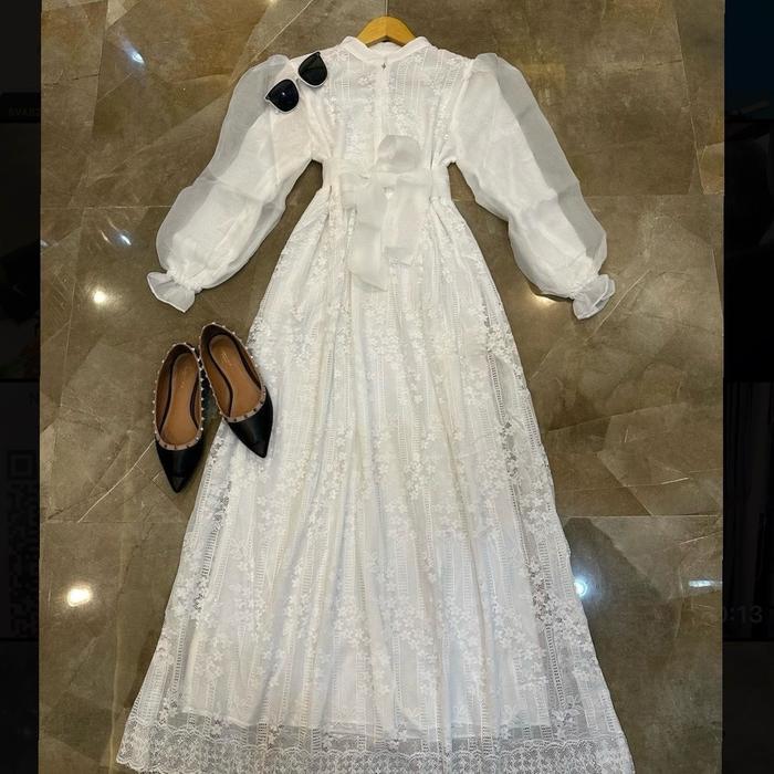 Raya Dress Brukat + Koleksi Hari Raya + Baju Lebaran + Gamis Putih + Dress Wanita Cantik + Gamis