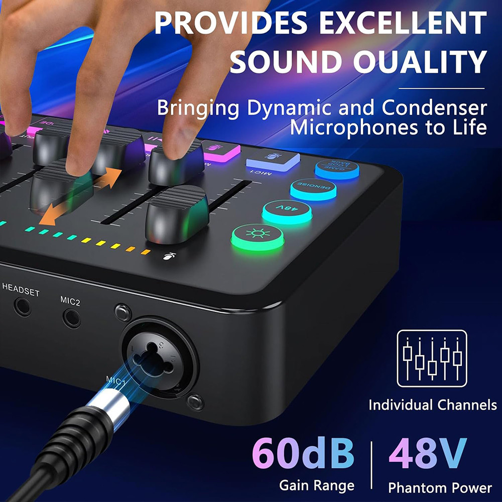 Gaming Audio Mixer,Rechargeable Audio Interface RGB Mixer with XLR Microphone Interface,48V Phantom