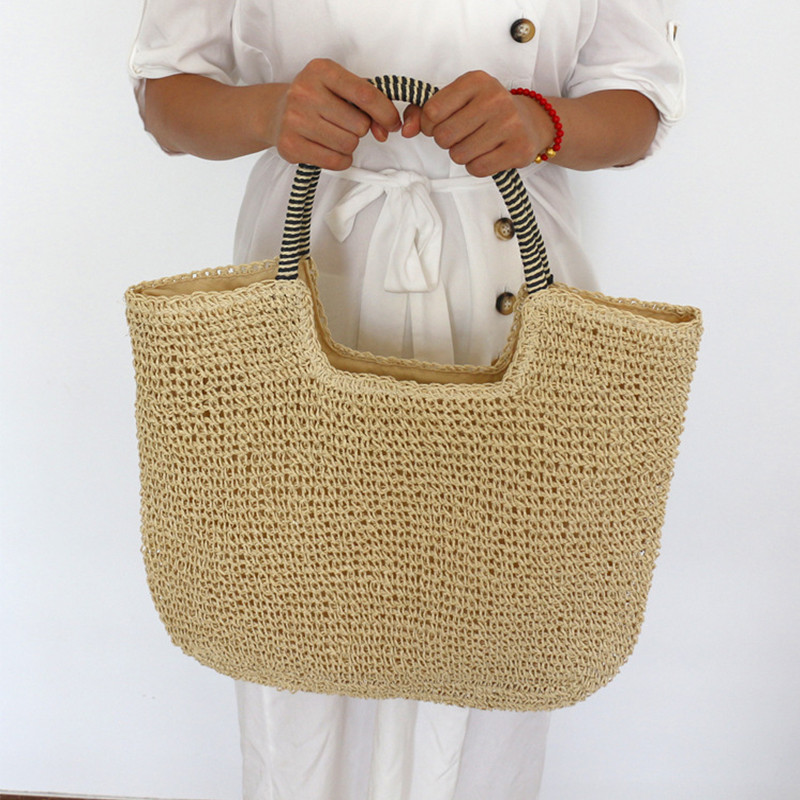 Woven Beach Bag Vintage Handmade Woven Shoulder Bag Raffia Rattan Bags Bohemian Ladies Summer Travel