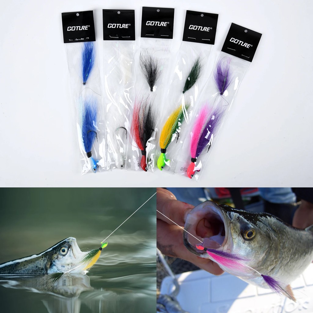 Goture 5pcs/lot Glow Bucktail Jigs Head Fishing Lure With Sharp Hooks for Walleye, Bass, Bluefish,
