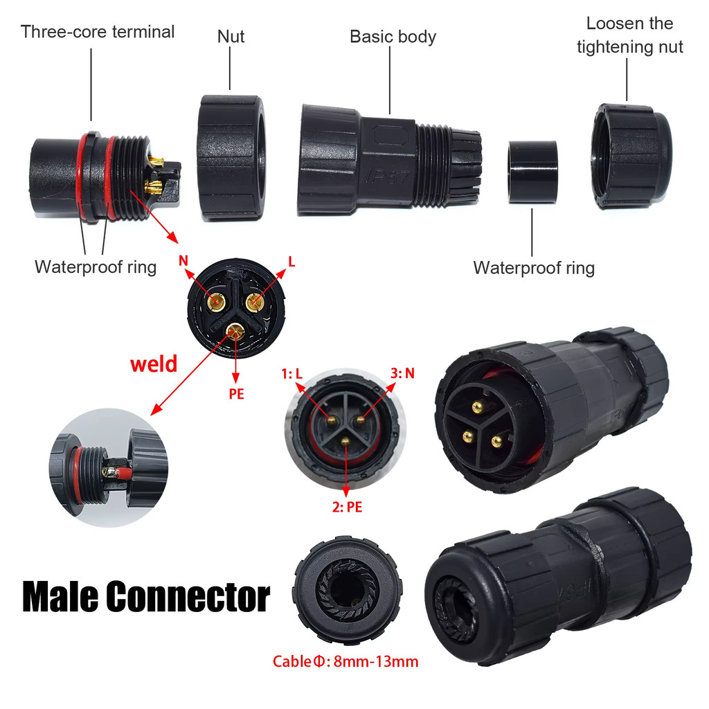M25 Connector Male Female Wire or Panel Mount 3Pin Welding Power Plug Waterproof for WVC600W-2800W