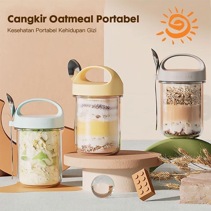 Celyhome x eatkitEatkit Gelas Kaca Oatmeal 350ml Dengan Tutup Anti Tumpah Free Sendok Stainless