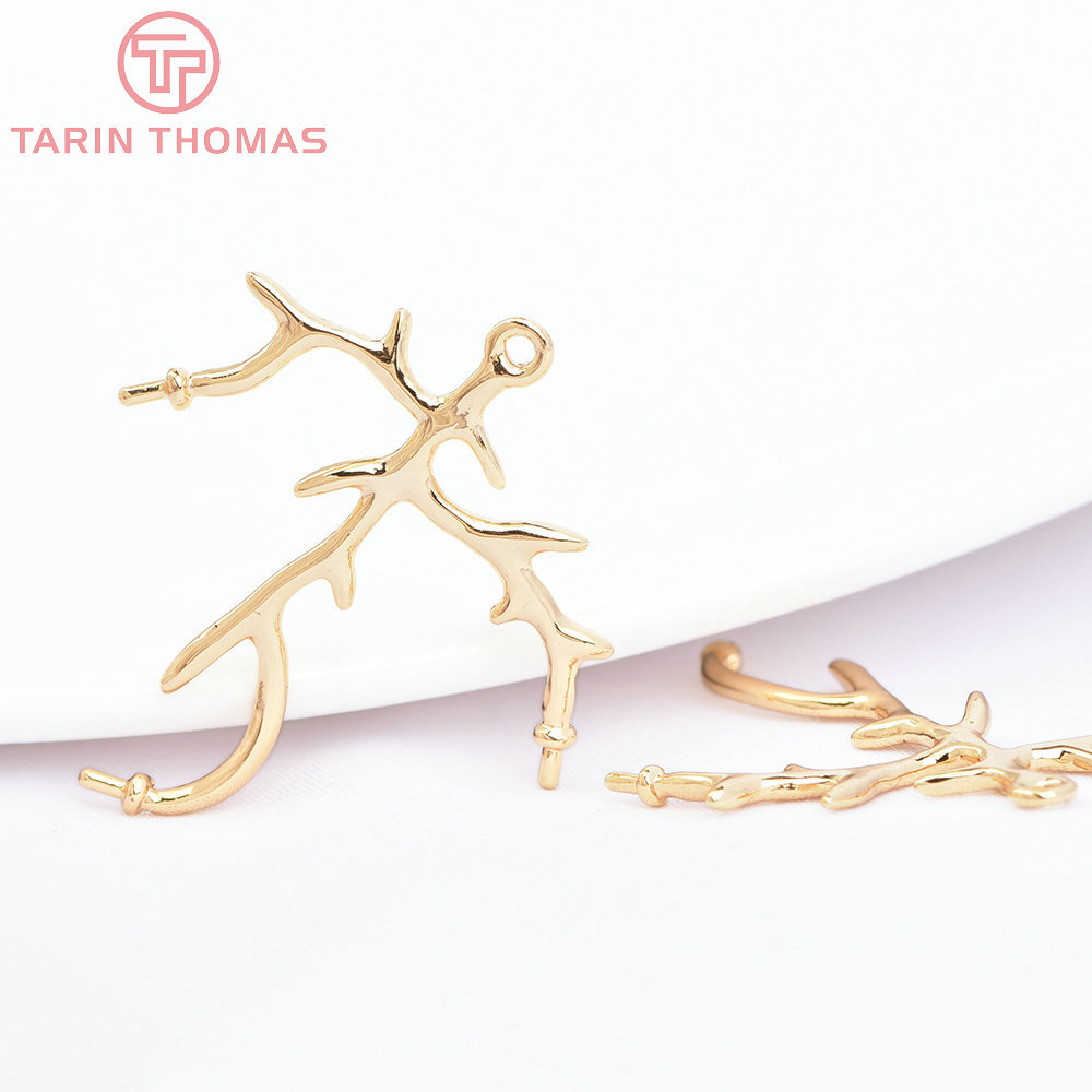 (1797) 4PCS 23x32MM 24K Gold Color Plated Brass with Half hole Tree Branchs Charms Pendants High