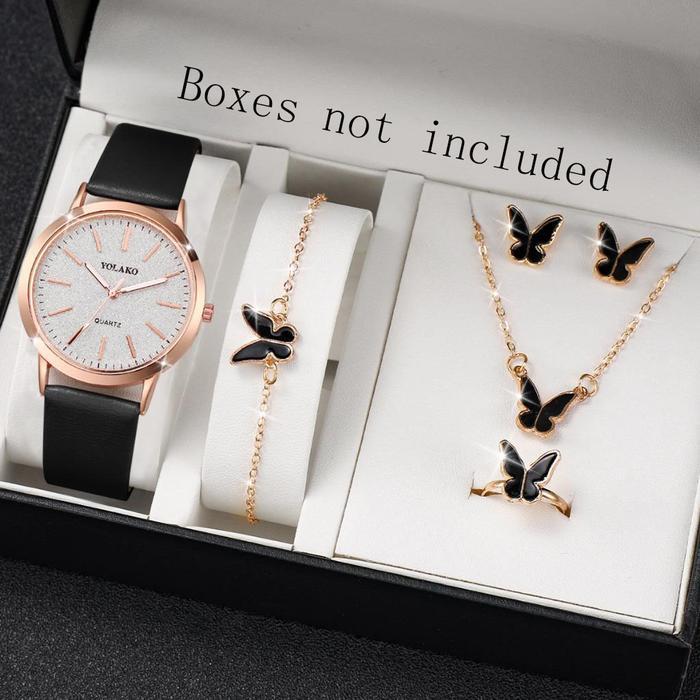 5PCS Jam Tangan Kuarsa Wanita Penunjuk Skala Sederhana Dial Besar Tali Kulit Kaca Quartz Jam Tangan