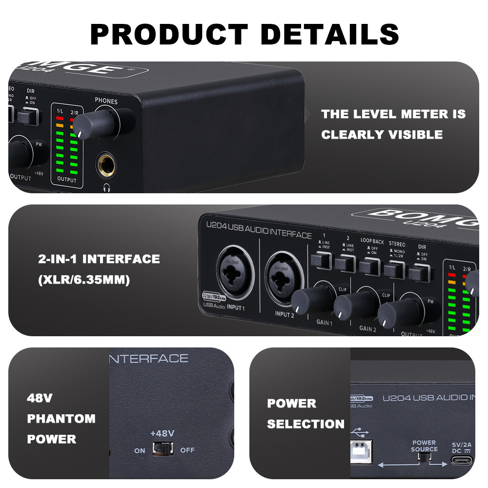 BOMGE U204 USB 2x2 Portable Audio Interface 32Bit 192kHz with 48V Phantom for PC Computer Streaming