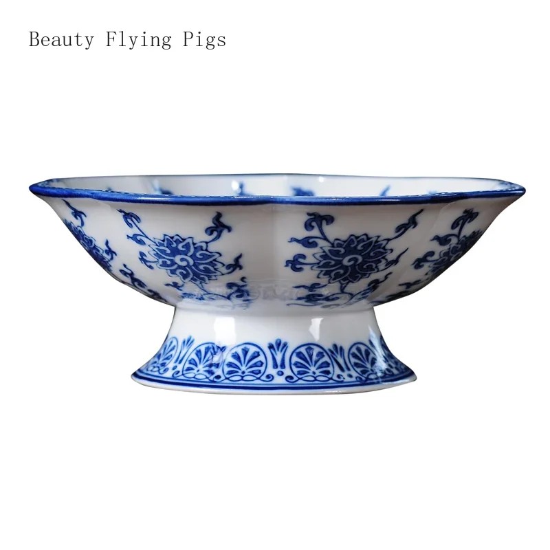 1PCS Blue and White Porcelain Tribute Plate Hand drawn Chinese Retro Offering Fruit Plate Buddha