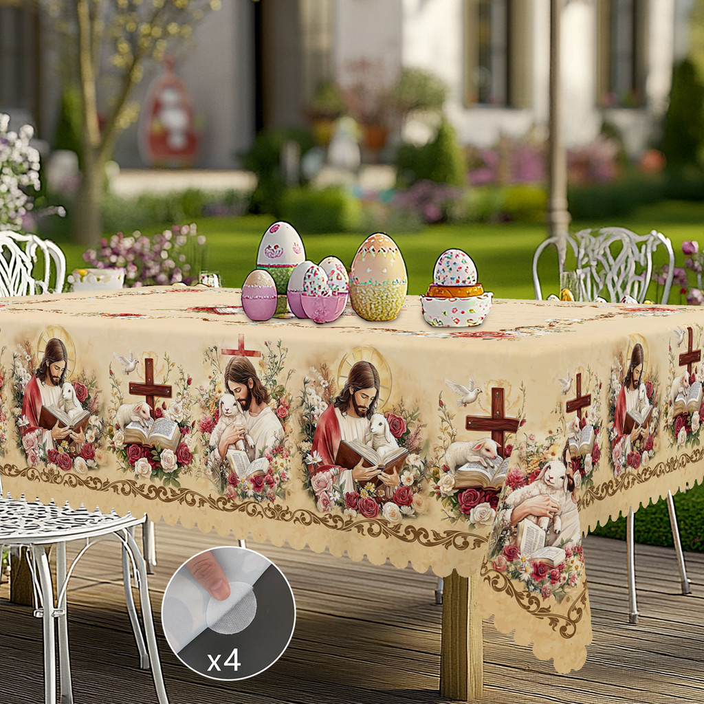 1 Piece of Spring Easter Tablecloth, Lamb, Flower Pattern Design, Retro Farmhouse Style, Suitable