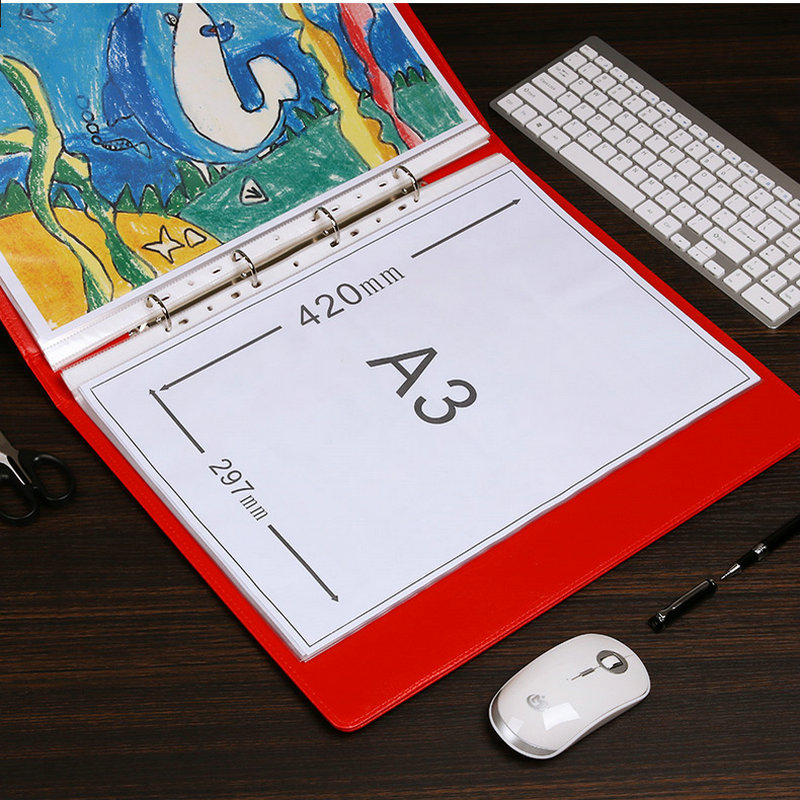 Imitation Leather Binder A3 File Cover 4-Ring Binder Folder A3 Paper Organizer Document File Storage