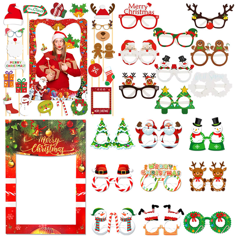 Merry Christmas Photo Booth Props Kit Santa Claus Xmas Tree Elk Paper Glasses Photo Booth Frame