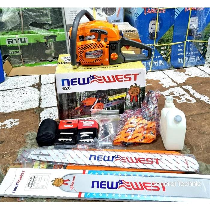 Chainsaw New West 628 Bar 24" Lasertip + 2 Rantai Oregon Mesin Gergaji Kayu New West 628 24"