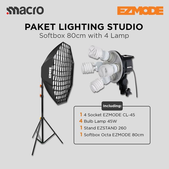 EZMODE Studio Lighting Stand 4 Lamp + 4 Socket Octagon Softbox 80cm