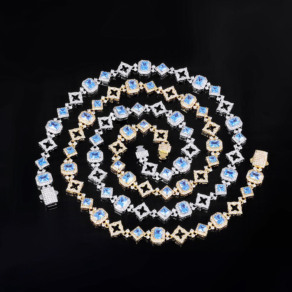 NY New 11MM lced Blue Gemstone Fashionable Cuban Necklace 5A Cubic Zirconia Hip Hop Style Hollow Out
