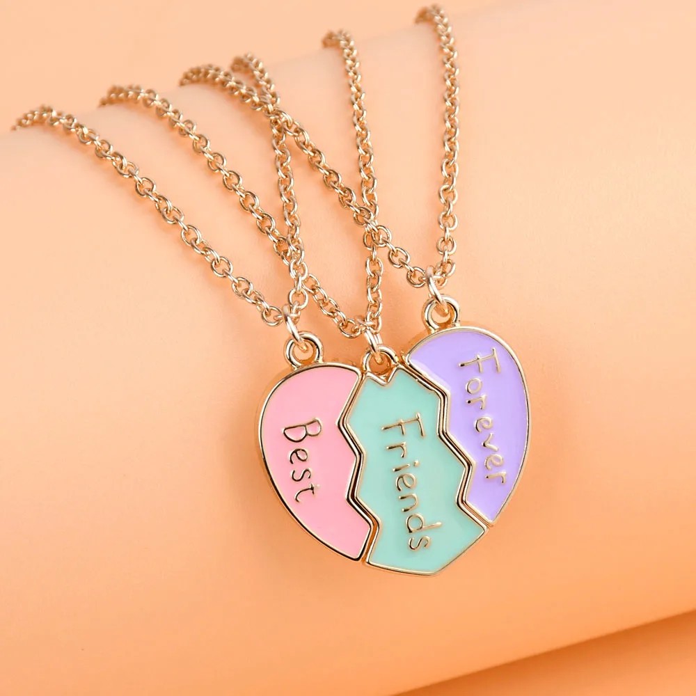 Lovecryst 3Pcs/Set Cute 3-Color Heart Broken Stitching Magnetic Best Friend Necklace For Girls Bff