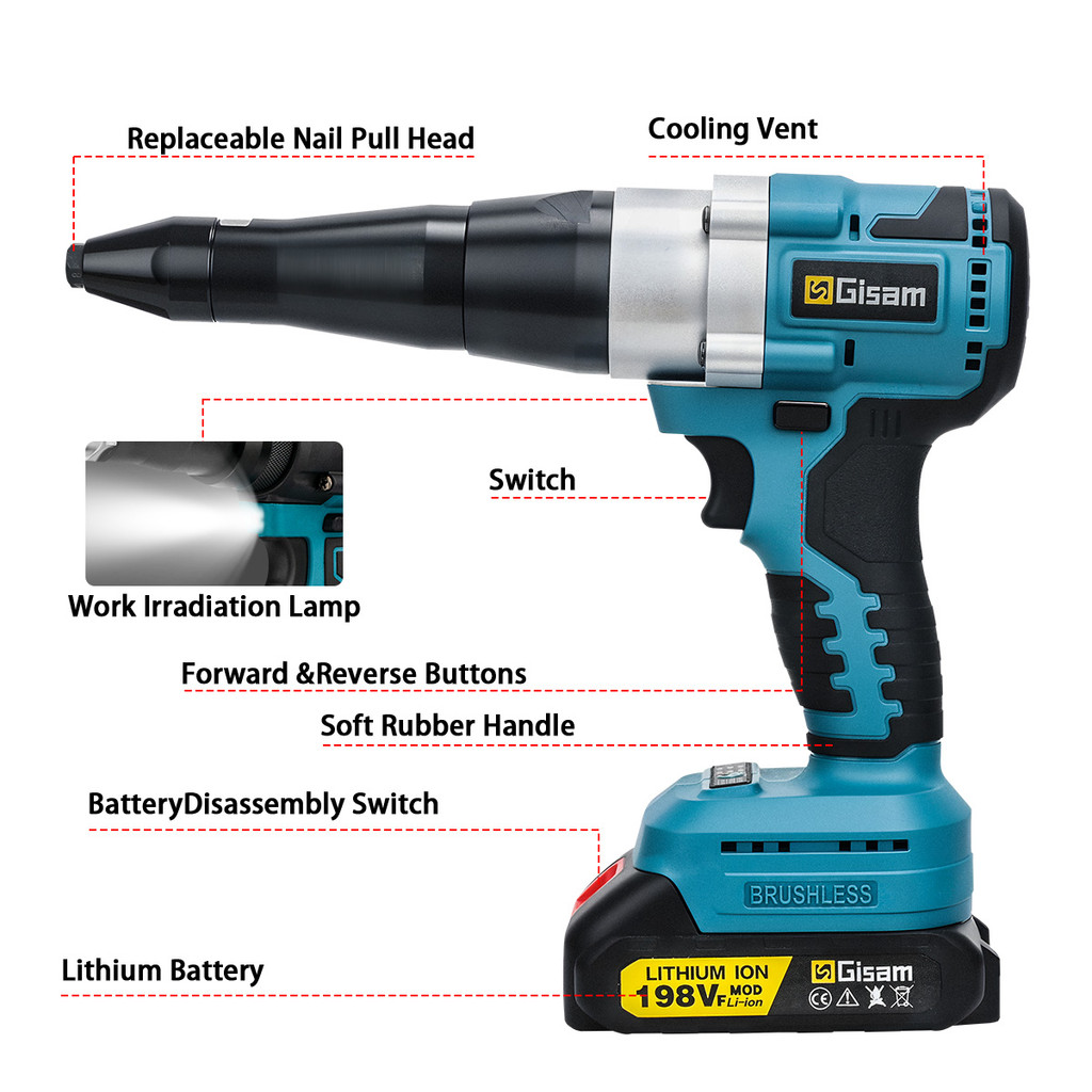 Gisam 25000N Brushless Electric Rivet Gun Cordless Rivet Nut Gun Drill Insert Automatic Riveting