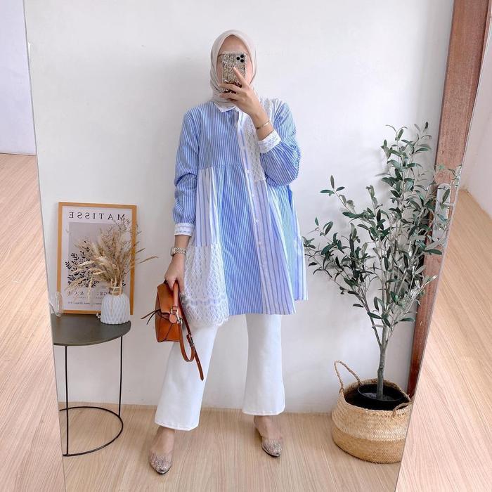 Amora Tunik Wanita Terbaru / Tunik Viral / Tunik Salur Mix Brukat Terbaik